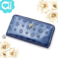 CLATHAS 日本小香奈兒山茶花亮面漆皮 經典 Logo 壓紋 多功能拉鍊多層長夾皮夾-海軍藍 附原廠Logo束口袋