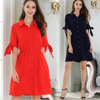 KVOLL 襯衫領排扣蝴蝶綁結袖連衣裙M~5XL(共二色)