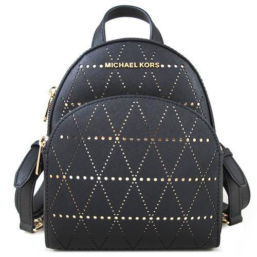 MICHAEL KORS ABBEY金字LOGO十字紋洞洞皮革三用後背包(黑金雙色)