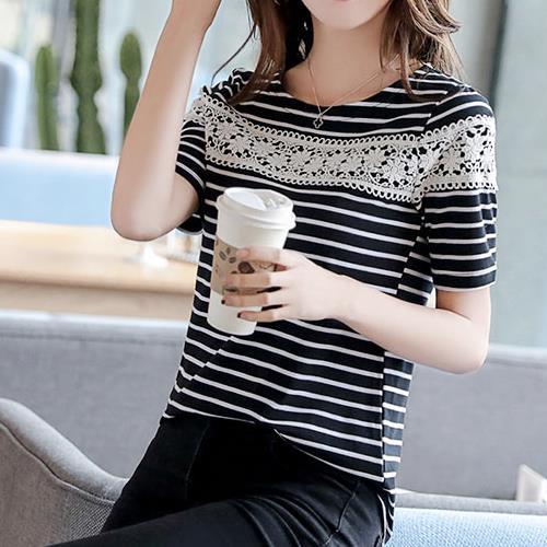 SCL條紋蕾絲修身上衣 T1836 
