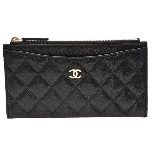 CHANEL 經典淡金色雙C LOGO菱格荔枝紋小牛皮手拿拉鍊長夾(黑)