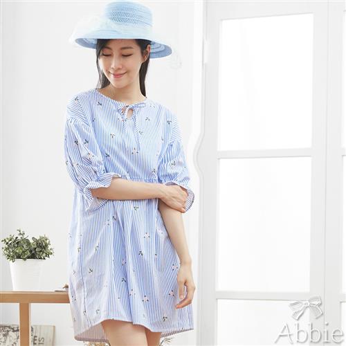 Abbie蝴蝶結綁帶小花條紋洋裝
