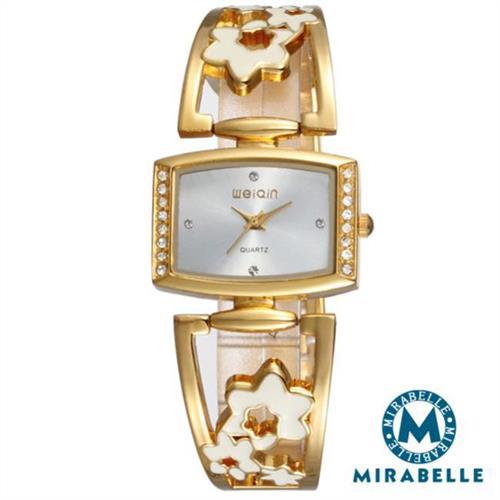 Mirabelle 鏤空花漾 方型點鑽金屬弧形錶 金繽白面