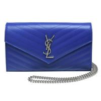 YSL MONOGRAM系列V字縫線魚子醬牛皮金屬LOGO銀鍊手提/肩背包(深海藍)