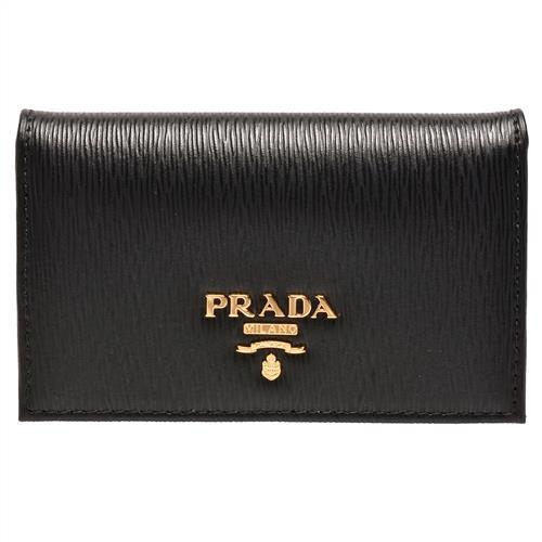 PRADA Saffiano經典浮雕LOGOG直紋牛皮釦式信用卡/名片夾(黑)