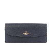 COACH 馬車LOGO素面皮革薄款兩折長夾(午夜藍)