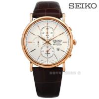 SEIKO 精工 / 7T62-0LK0J.SNAF82J1 / Premier 計時日期 防水100M 真皮手錶 米白x玫瑰金框x咖啡 41mm