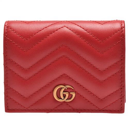 GUCCI GG Marmont matelasse系列絎縫紋牛皮金屬雙G LOGO暗釦卡夾/零錢包(芙蓉紅)