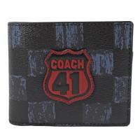 COACH經典烙印LOGO防刮皮附活動夾中短夾(藍黑)