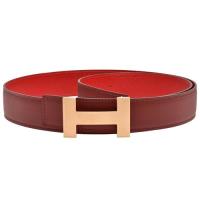 HERMES 經典金色H LOGO雙面兩穿小牛皮腰帶/皮帶(紅X酒紅)