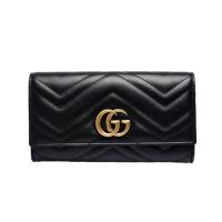 GUCCI 443436 GG Marmont絎縫紋牛皮金屬雙G LOGO長夾(黑)