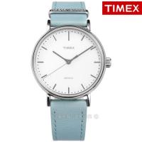 TIMEX 天美時 / TXTW2R70300 / 美國品牌 極簡風格 INDIGLO專利冷光照明 真皮手錶 白x藍 39mm