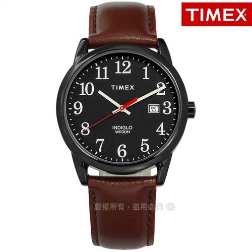 TIMEX 天美時 / TXTW2R62300 / 美國第一品牌 專利冷光照明 日期 真皮手錶 黑x咖啡 38mm