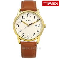 TIMEX 天美時 / TXTW2R62700 / 美國第一品牌 專利冷光照明 日期 真皮手錶 米白x金框x駝 38mm