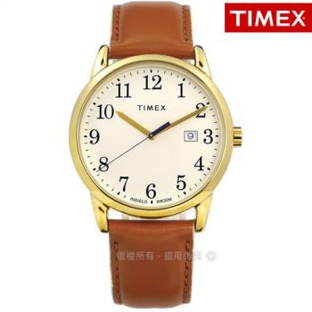 TIMEX 天美時 / TXTW2R62700 / 美國第一品牌 專利冷光照明 日期 真皮手錶 米白x金框x駝 38mm