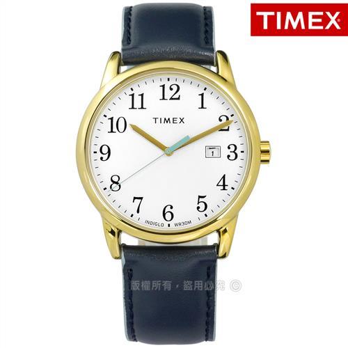 TIMEX 天美時 / TXTW2R62600 / 美國第一品牌 專利冷光照明 日期 真皮手錶 白x金框x藍 38mm