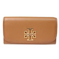【TORY BURCH】BRITTEN 金屬LOGO 荔枝紋全皮革押扣長夾(咖啡棕)