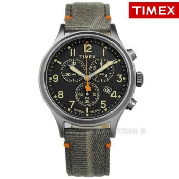 TIMEX 天美時 / TXTW2R60200 / 美國品牌 INDIGLO專利冷光照明 三眼計時 日期 帆布真皮手錶 黑x灰綠 42mm