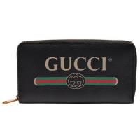 GUCCI 復古風格的圖案小牛皮綠紅綠織帶標誌拉鍊長夾(黑色_12卡)