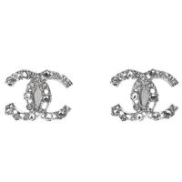 CHANEL 經典雙C LOGO大小水鑲立體嵌穿式耳環(銀)