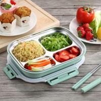 PUSH! 餐具用品304不銹鋼保溫飯盒便當盒防燙餐盤盒4格環保款附餐具加保溫袋E97-1