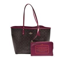 COACH 經典品牌金屬浮雕LOGO防水皮革CC印花手提/肩背子母包(棕X紫紅)