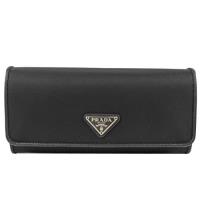 PRADA 1MH132 三角LOGO尼龍皮飾邊附證件卡雙扣長夾.黑