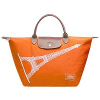 LONGCHAMP 巴黎鐵塔紀念款拉鍊摺疊短把購物包(中-橘色)