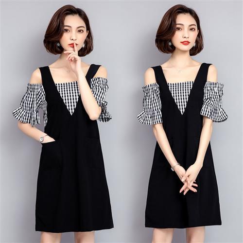 Bubble CoCo 格子袖露肩假兩件洋裝(XL-5XL)