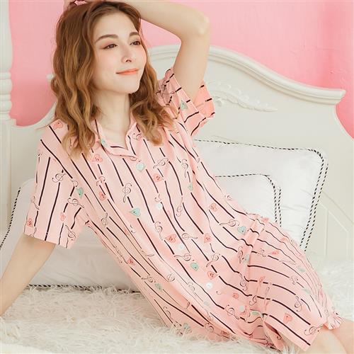 lingling日系 條紋襯衫式連身裙睡衣(全尺碼)