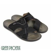 GREEN PHOENIX 寬版交叉孔洞金屬裝飾真皮平底男拖鞋(男鞋)T9-10613