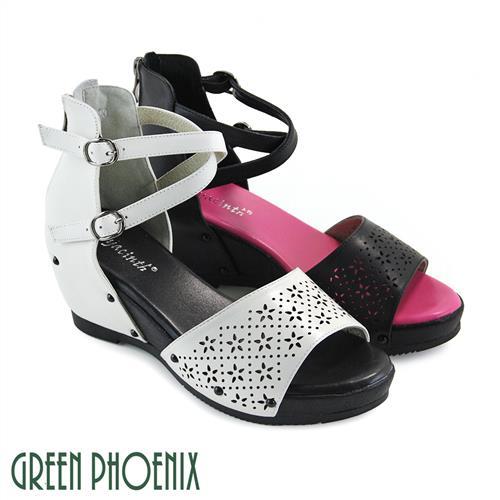 GREEN PHOENIX 雙彩撞色交叉雷射雕花全真皮楔型涼鞋U29-26821
