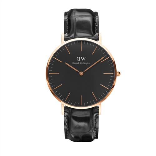 DW Daniel Wellington 黑色壓紋皮革腕錶-金框/40mm(DW00100129)