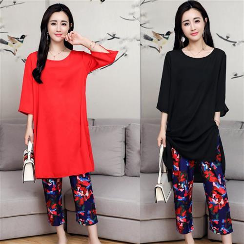 REKO 寬鬆七分褲短袖雪紡休閒兩件套L~5XL(共二色)