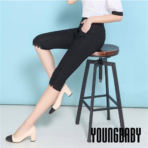 YOUNGBABY中大碼-鬆緊腰開叉拼接蕾絲彈性內搭褲/綁腿褲