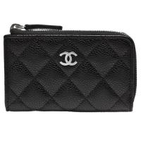 CHANEL 經典銀色雙C LOGO菱格荔枝紋小牛皮L型拉鍊鑰匙/零錢包(黑色)