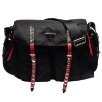 PRADA 經典三角鐵牌LOGO雙色皮革飾邊鉚釘鑲嵌穿釦尼龍肩/斜背包(黑X紅)
