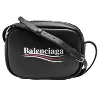 BALENCIAGA 經典EVERYDAY系列品牌字母烙印白紅白流線小牛皮相機斜背包(黑-XS)