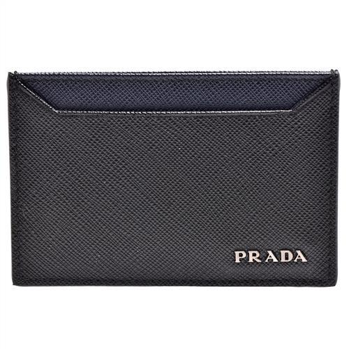 PRADA 經典金屬品牌字母鑲嵌防刮牛皮信用卡夾(黑X藏藍)