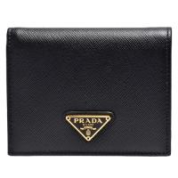 PRADA SAFFIANO TRIANG系列金色三角LOGO防刮牛皮暗釦短夾(黑)