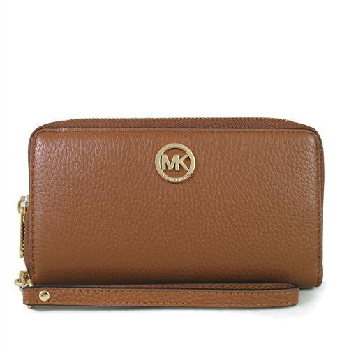 MICHAEL KORS FULTON金字LOGO全皮革手提式皮夾(馬鞍色、 附可拆卸提掛帶)