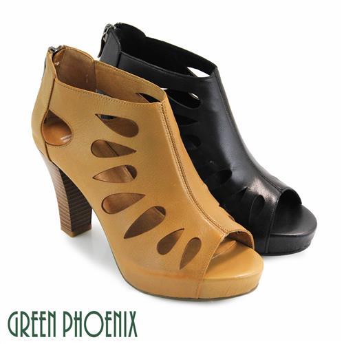 GREEN PHOENIX 全真皮鏤空防水台高跟魚口踝靴/涼鞋U68-27037