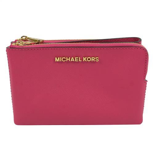  MICHAEL KORS 金字LOGO防刮皮革手提雙層零錢包.桃紅