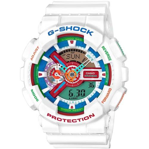 G-SHOCK 超人氣雙顯式撞色腕錶-白X彩色(GA-110MC-7A)