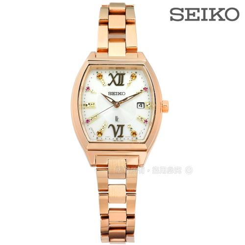 SEIKO 精工★贈皮錶帶 / V137-0CE0X.SUT352J1 / LUKIA限量太陽能藍寶石水晶不鏽鋼手錶 銀x鍍玫瑰金 26mm