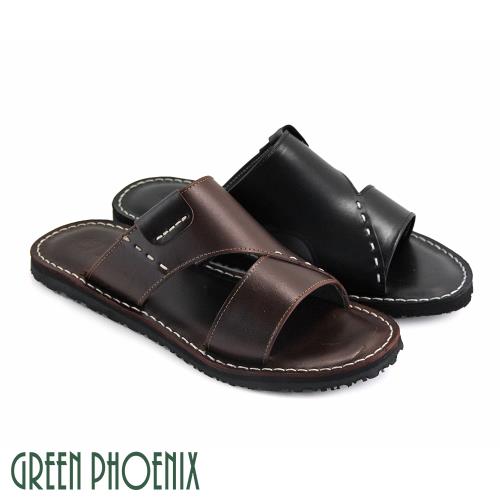 GREEN PHOENIX 寬版帶鏤空線條縫線全真皮平底拖鞋(男鞋)T12-10633
