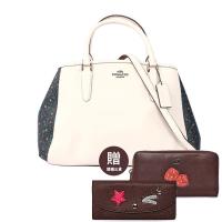COACH 馬車LOGO小花拼皮革肩背包(白)