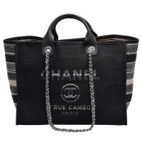 CHANEL Deauville經典雙C LOGO條紋帆布小牛皮飾邊銀鍊手提/肩背購物包(中-黑X灰)