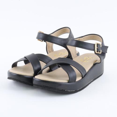 【88%】涼鞋-MIT台灣製 跟高3.5cm 楔型涼拖鞋 交叉鞋面 PU皮革面料 好穿脫魔鬼氈