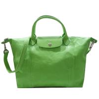 LONGCHAMP 小羊皮短把摺疊包(中/附背帶)_綠色